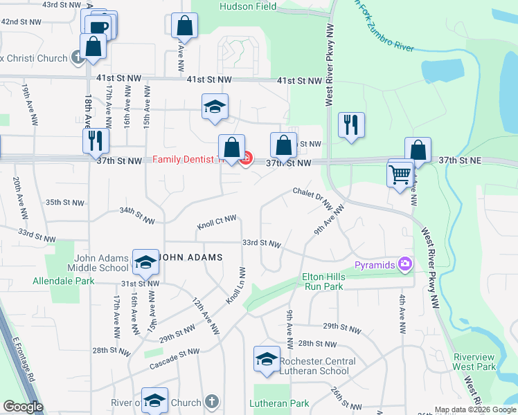 map of restaurants, bars, coffee shops, grocery stores, and more near 1020 Chalet Drive Northwest in Rochester