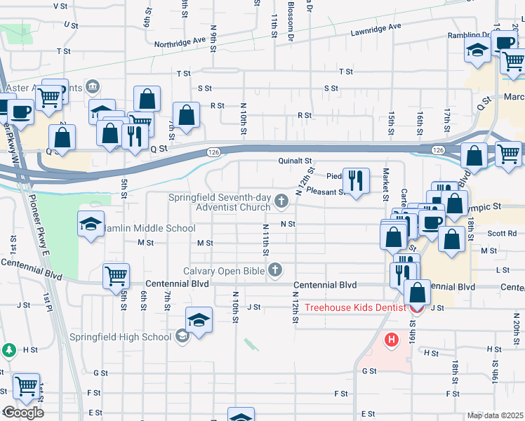 map of restaurants, bars, coffee shops, grocery stores, and more near 1536 North 11th Street in Springfield