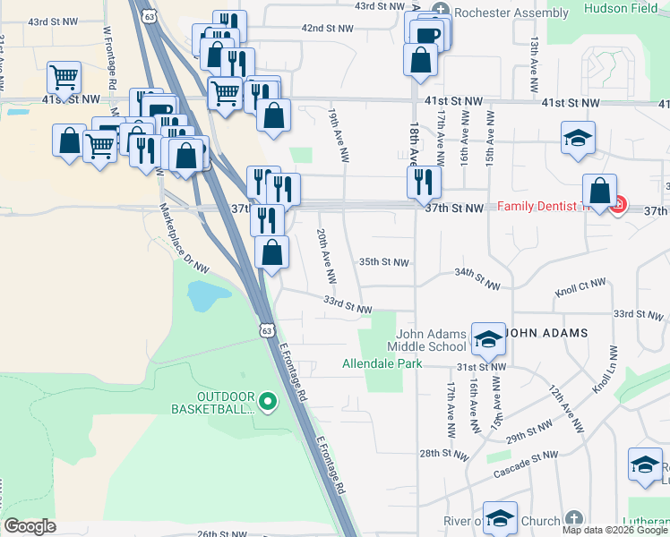 map of restaurants, bars, coffee shops, grocery stores, and more near 3416 20th Avenue Northwest in Rochester