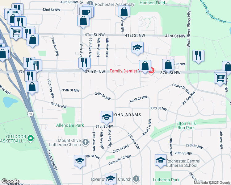 map of restaurants, bars, coffee shops, grocery stores, and more near 3420 15th Avenue Northwest in Rochester