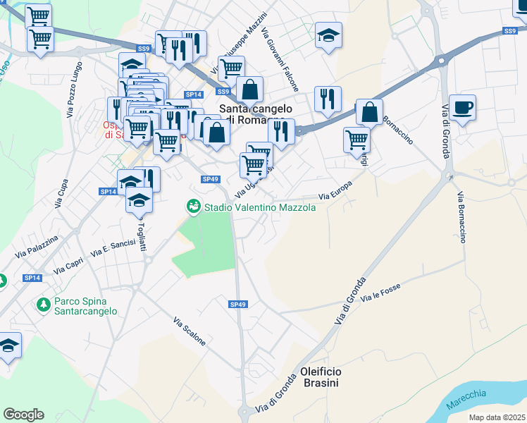 map of restaurants, bars, coffee shops, grocery stores, and more near 5D Via Emilio Alessandrini in Santarcangelo di Romagna