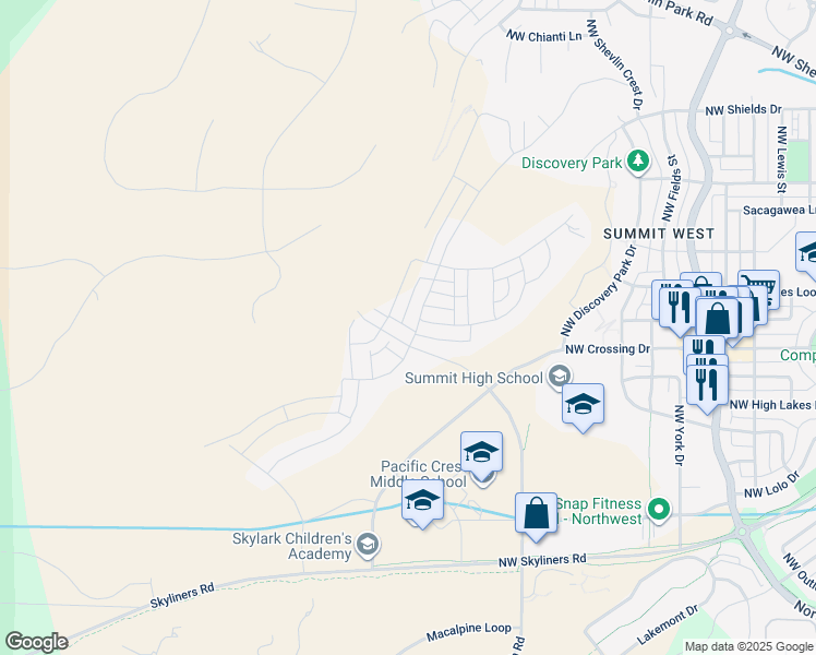 map of restaurants, bars, coffee shops, grocery stores, and more near 3226 Northwest Celilo Lane in Bend