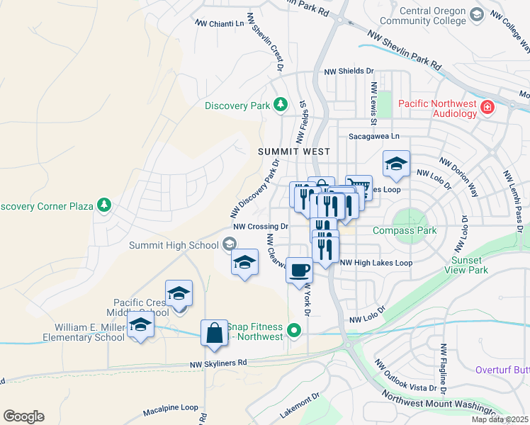 map of restaurants, bars, coffee shops, grocery stores, and more near 3001 Northwest Clearwater Drive in Bend
