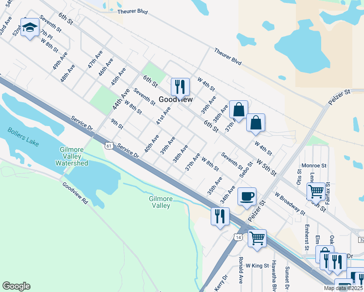 map of restaurants, bars, coffee shops, grocery stores, and more near 815 38th Avenue in Goodview