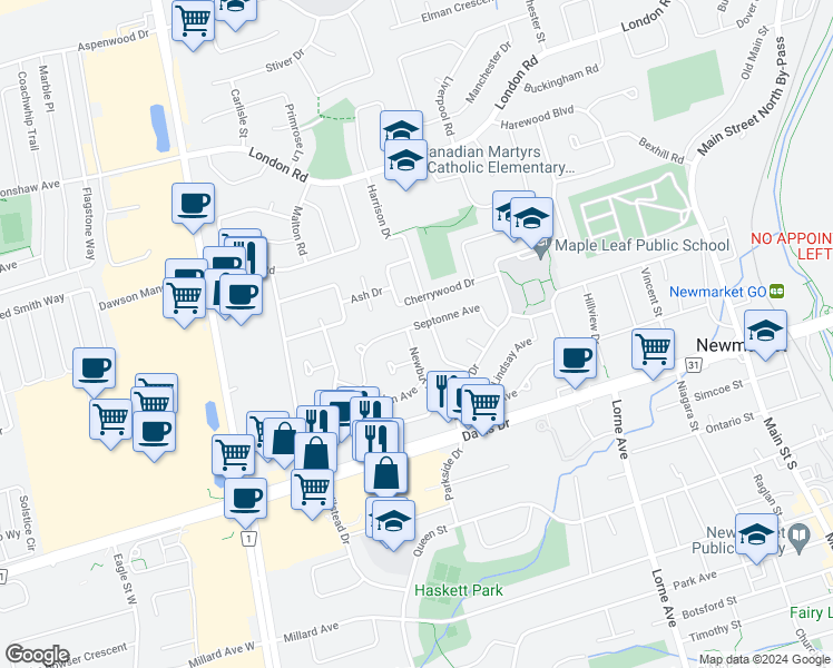 map of restaurants, bars, coffee shops, grocery stores, and more near 85 Newbury Drive in Newmarket
