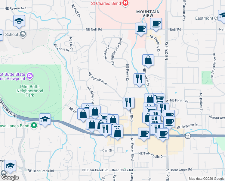 map of restaurants, bars, coffee shops, grocery stores, and more near 947 Northeast Lena Place in Bend