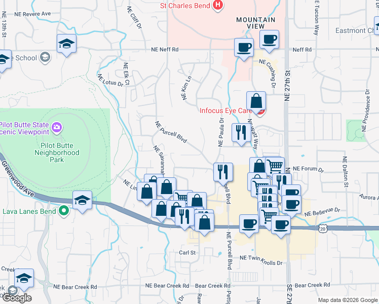 map of restaurants, bars, coffee shops, grocery stores, and more near 947 NE Lena Pl in Bend
