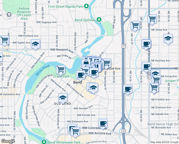 map of restaurants, bars, coffee shops, grocery stores, and more near 1025 Northwest Bond Street in Bend