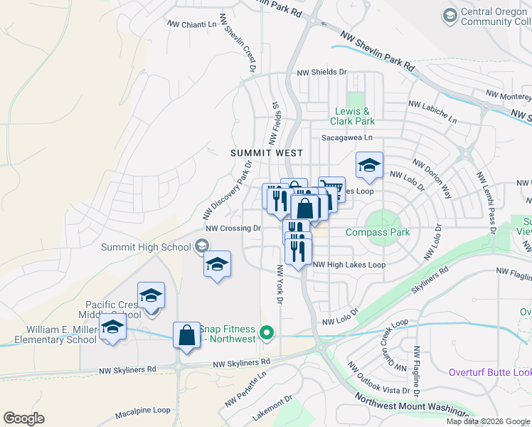 map of restaurants, bars, coffee shops, grocery stores, and more near 2740 Northwest Ordway Avenue in Bend