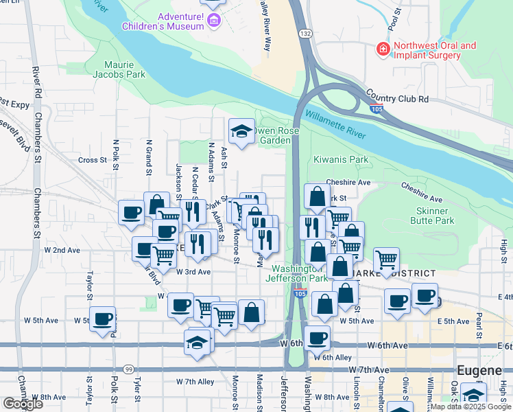 map of restaurants, bars, coffee shops, grocery stores, and more near 32 Madison Street in Eugene
