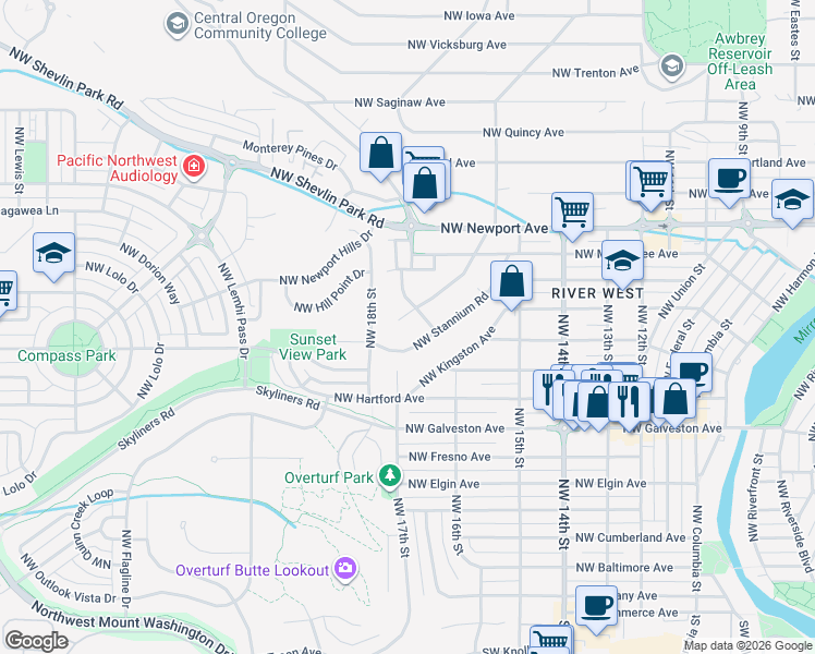 map of restaurants, bars, coffee shops, grocery stores, and more near 1108 Northwest Knoxville Boulevard in Bend