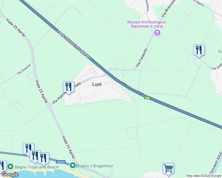 map of restaurants, bars, coffee shops, grocery stores, and more near 24 Via Fratelli Rosselli in Luni Mare