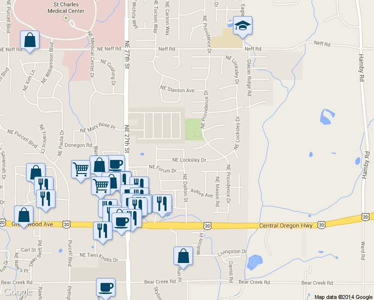 map of restaurants, bars, coffee shops, grocery stores, and more near 3027 Northeast Fairmont Court in Bend