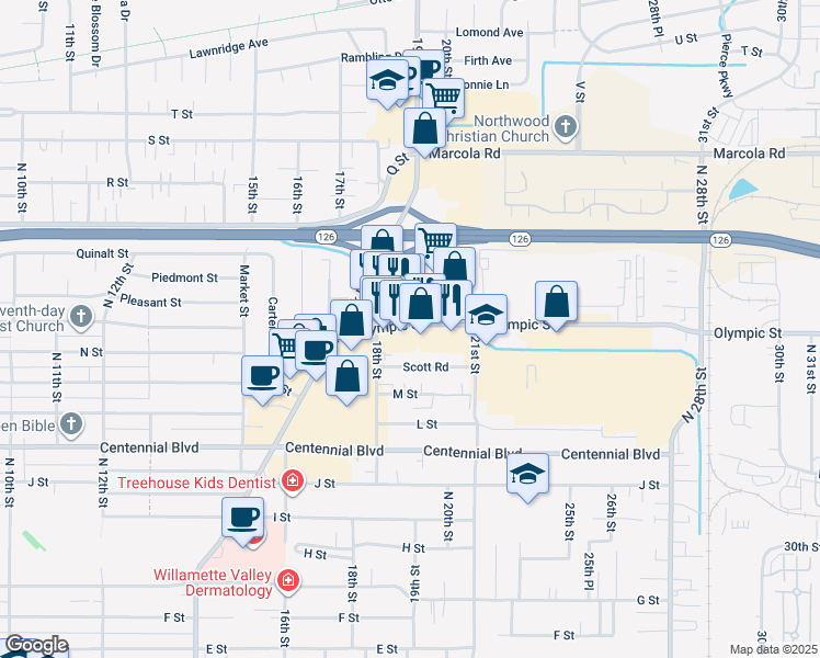 map of restaurants, bars, coffee shops, grocery stores, and more near 1899 Olympic Street in Springfield