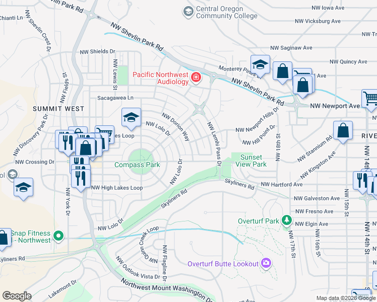 map of restaurants, bars, coffee shops, grocery stores, and more near 2321 Northwest Dorion Way in Bend
