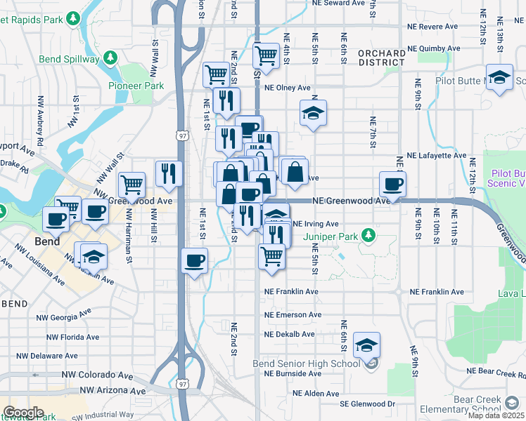 map of restaurants, bars, coffee shops, grocery stores, and more near 932 Northeast Greenwood Avenue in Bend