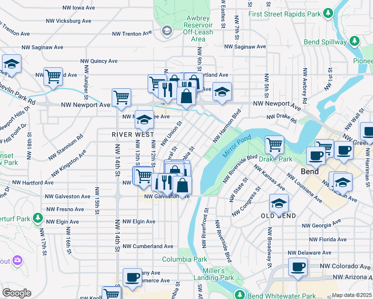 map of restaurants, bars, coffee shops, grocery stores, and more near 1085 Northwest Columbia Street in Bend