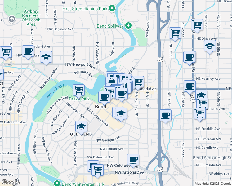 map of restaurants, bars, coffee shops, grocery stores, and more near 1025 Northwest Bond Street in Bend