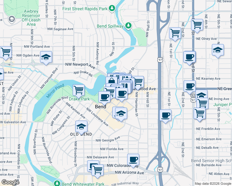 map of restaurants, bars, coffee shops, grocery stores, and more near 1025 Northwest Bond Street in Bend