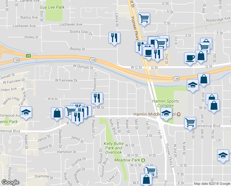 map of restaurants, bars, coffee shops, grocery stores, and more near 1558 Laura Street in Springfield