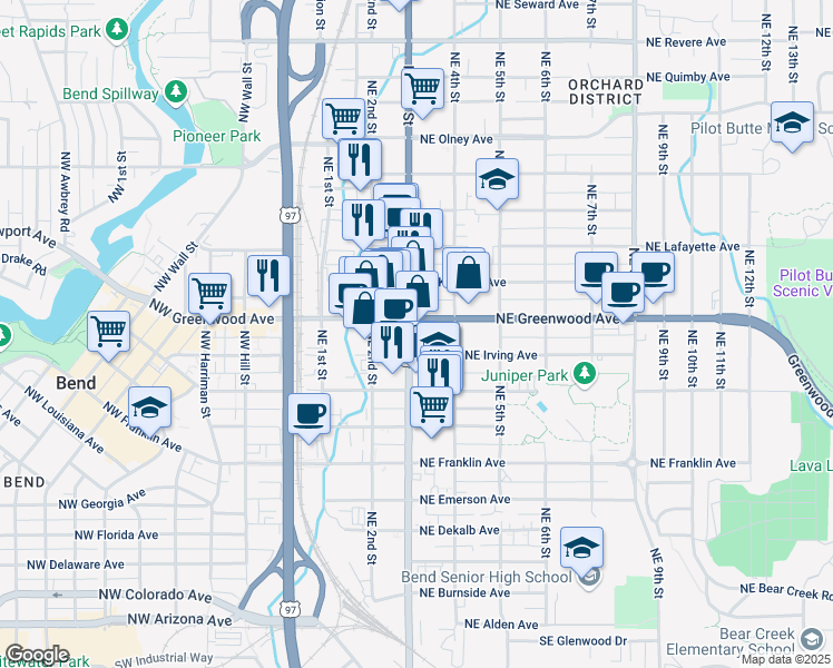 map of restaurants, bars, coffee shops, grocery stores, and more near 932 Northeast Greenwood Avenue in Bend