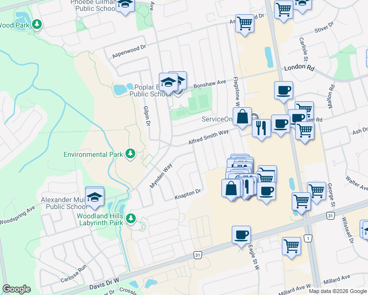 map of restaurants, bars, coffee shops, grocery stores, and more near 125 Alfred Smith Way in Newmarket