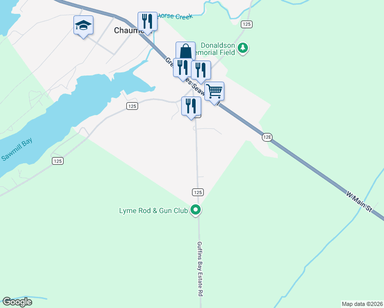 map of restaurants, bars, coffee shops, grocery stores, and more near 8206 County Road 125 in Chaumont