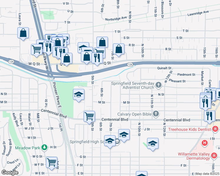 map of restaurants, bars, coffee shops, grocery stores, and more near 1537 7th Street in Springfield