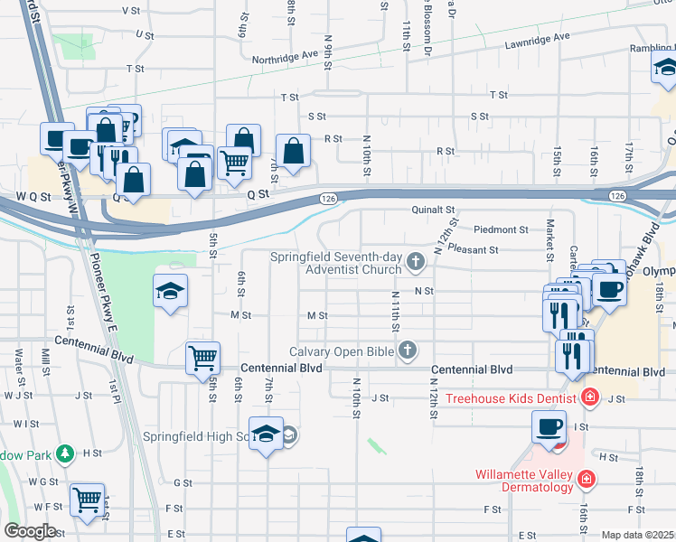 map of restaurants, bars, coffee shops, grocery stores, and more near 925 Olympic Street in Springfield