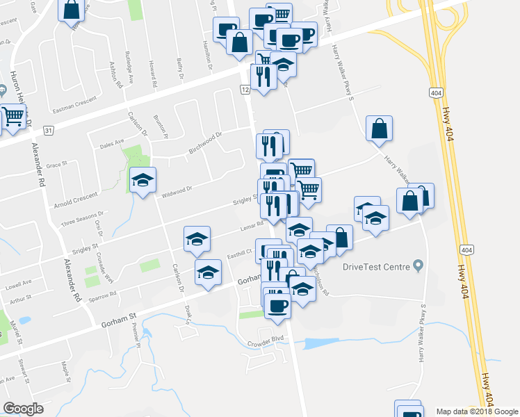 map of restaurants, bars, coffee shops, grocery stores, and more near 17244 Leslie Street in Newmarket