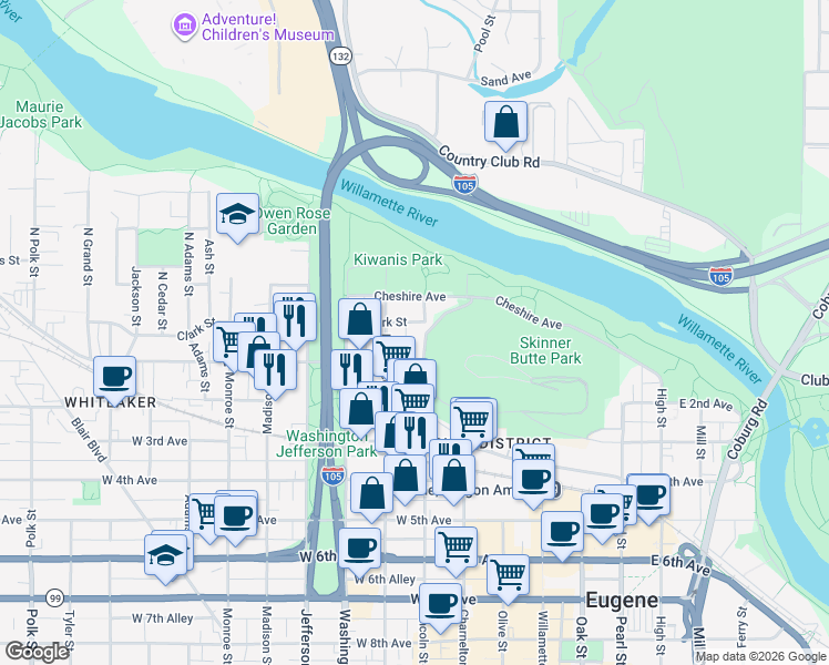 map of restaurants, bars, coffee shops, grocery stores, and more near 320 Clark Street in Eugene