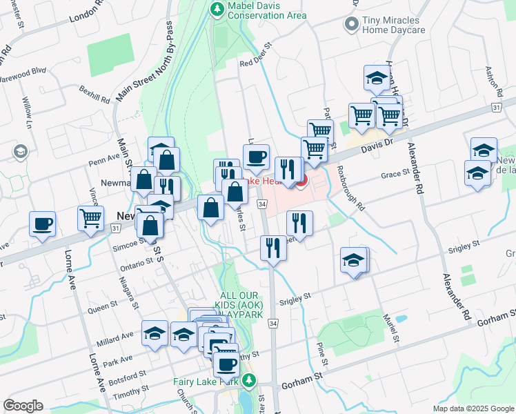 map of restaurants, bars, coffee shops, grocery stores, and more near 30 Prospect Street in Newmarket