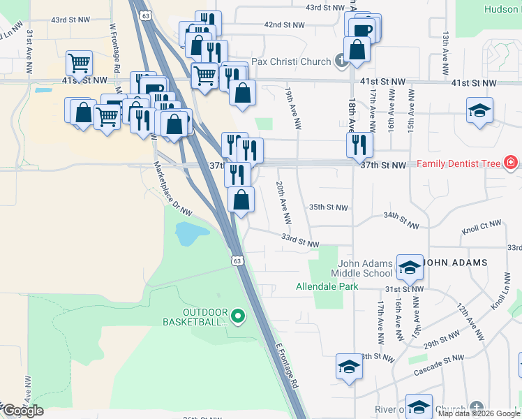 map of restaurants, bars, coffee shops, grocery stores, and more near 3421 21st Avenue Northwest in Rochester