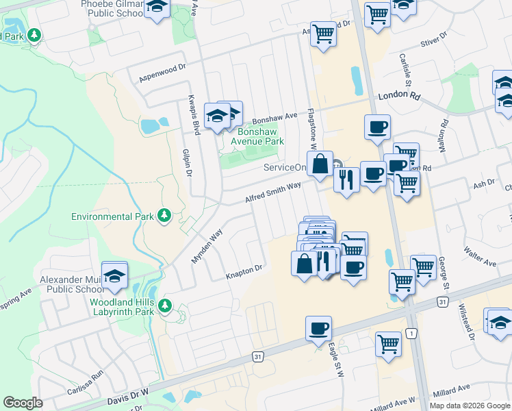map of restaurants, bars, coffee shops, grocery stores, and more near 247 Knapton Drive in Newmarket