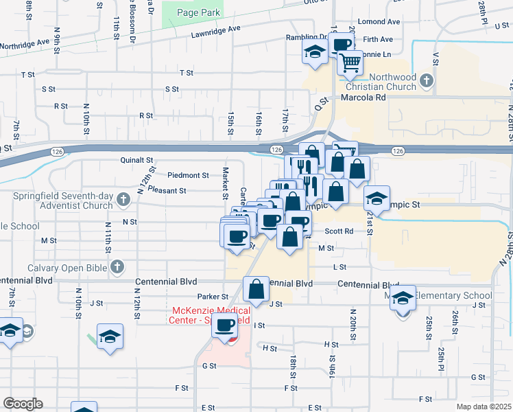 map of restaurants, bars, coffee shops, grocery stores, and more near 1566 16th Street in Springfield