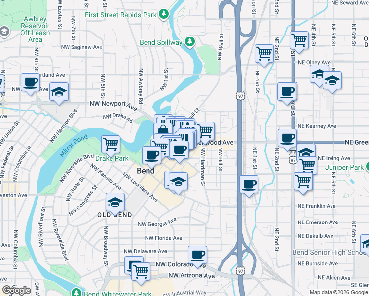 map of restaurants, bars, coffee shops, grocery stores, and more near 1033 Northwest Bond Street in Bend