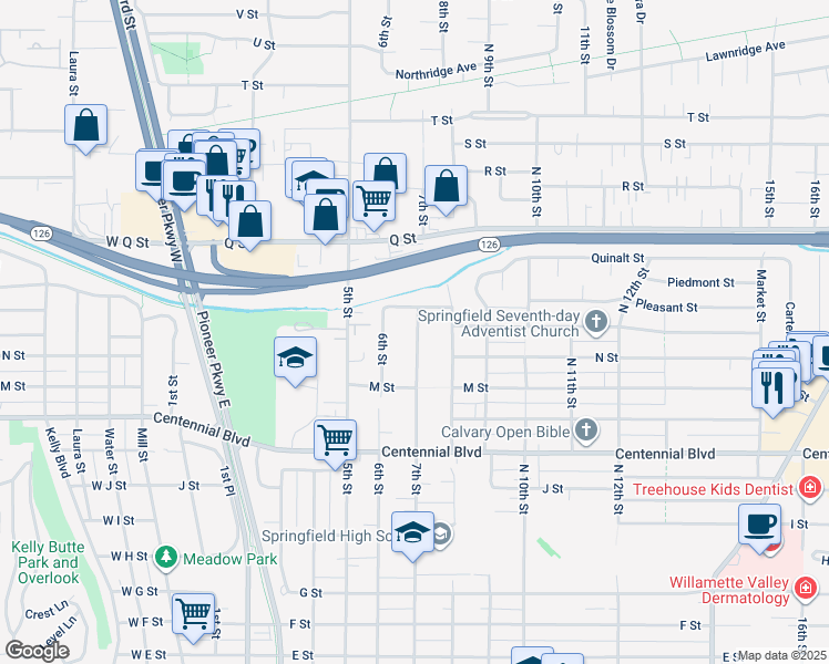 map of restaurants, bars, coffee shops, grocery stores, and more near 1537 7th Street in Springfield