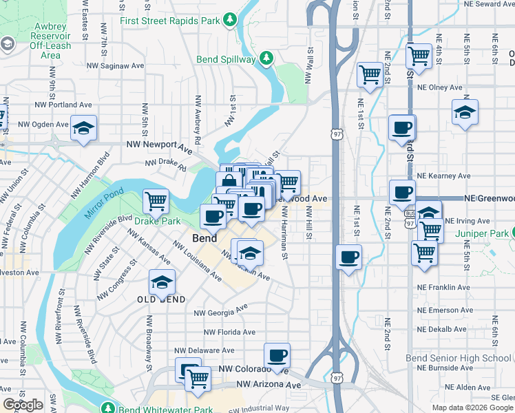 map of restaurants, bars, coffee shops, grocery stores, and more near 1025 Northwest Bond Street in Bend