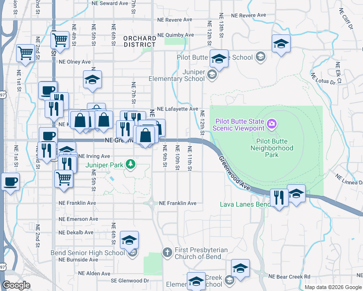 map of restaurants, bars, coffee shops, grocery stores, and more near 942 Northeast 10th Street in Bend