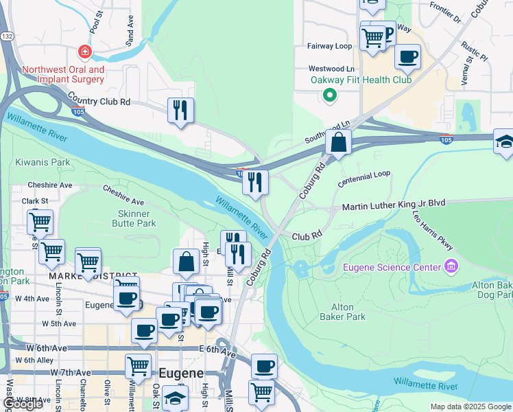 map of restaurants, bars, coffee shops, grocery stores, and more near 22 Club Road in Eugene