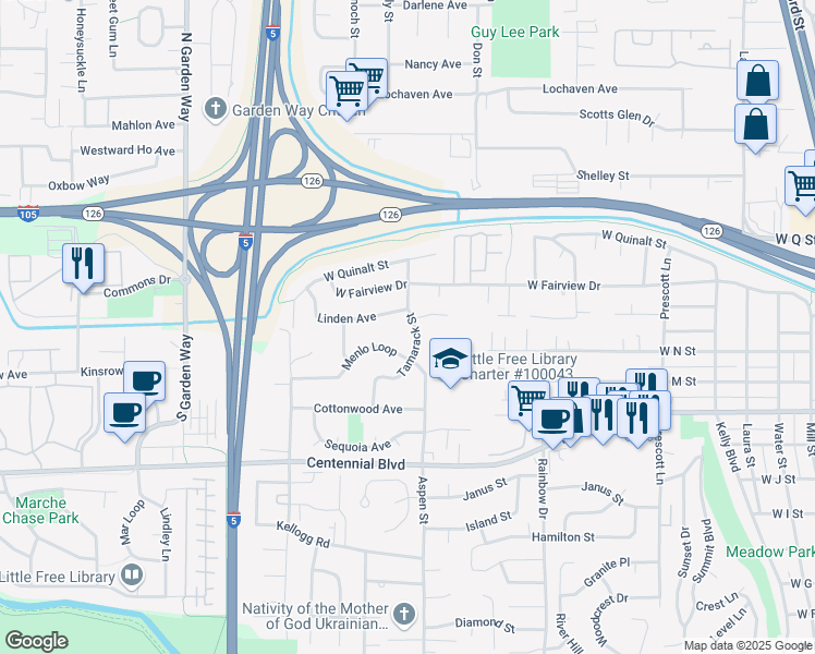 map of restaurants, bars, coffee shops, grocery stores, and more near 1512 Tamarack Street in Springfield