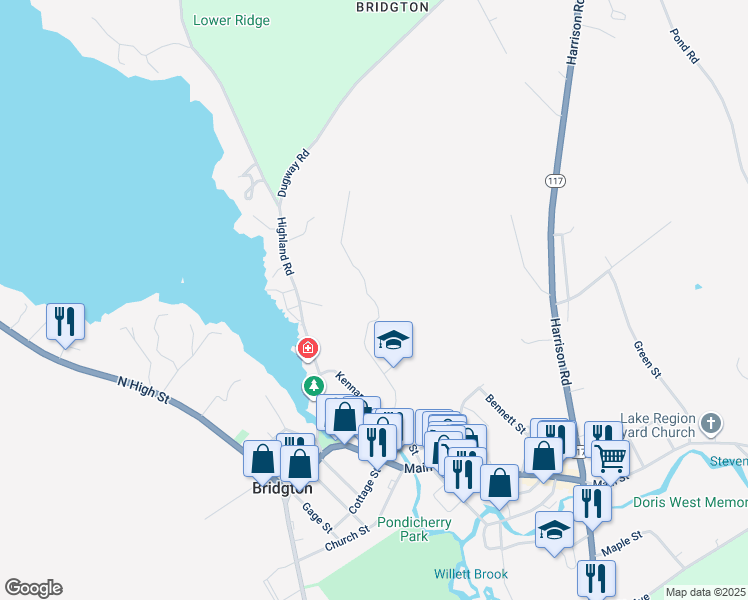map of restaurants, bars, coffee shops, grocery stores, and more near 42 Wayside Avenue in Bridgton
