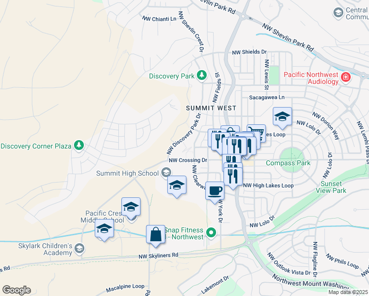 map of restaurants, bars, coffee shops, grocery stores, and more near 1270 Northwest Discovery Park Drive in Bend