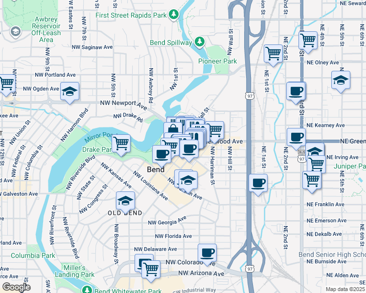 map of restaurants, bars, coffee shops, grocery stores, and more near 1000 Northwest Wall Street in Bend