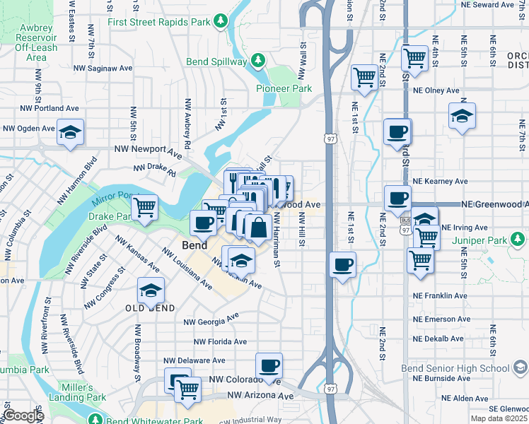 map of restaurants, bars, coffee shops, grocery stores, and more near 1070 Northwest Bond Street in Bend