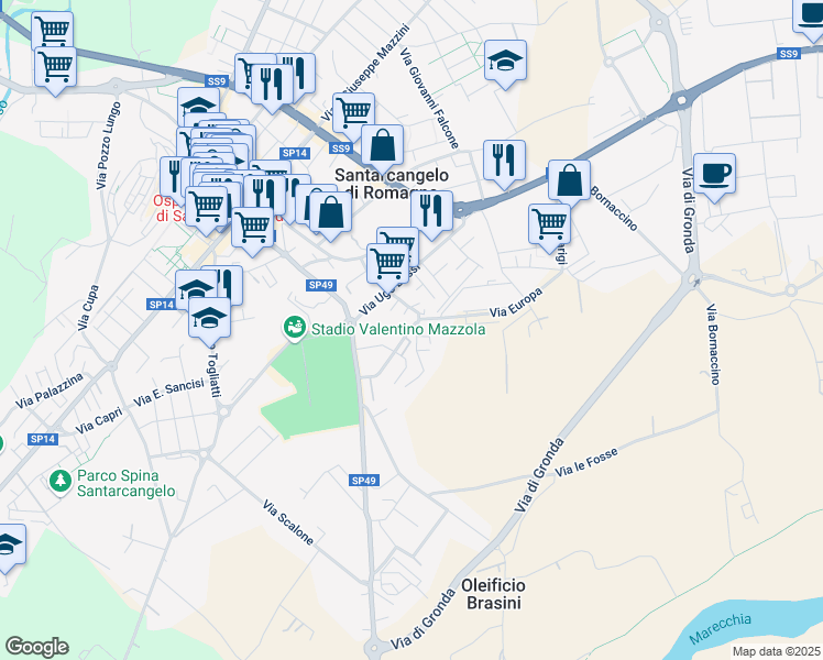 map of restaurants, bars, coffee shops, grocery stores, and more near 5D Via Emilio Alessandrini in Santarcangelo di Romagna