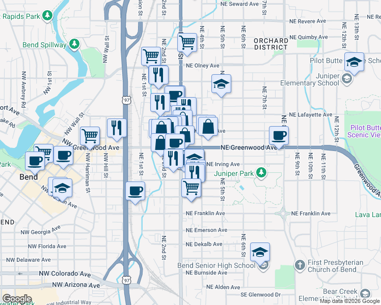 map of restaurants, bars, coffee shops, grocery stores, and more near 341 Northeast Greenwood Avenue in Bend