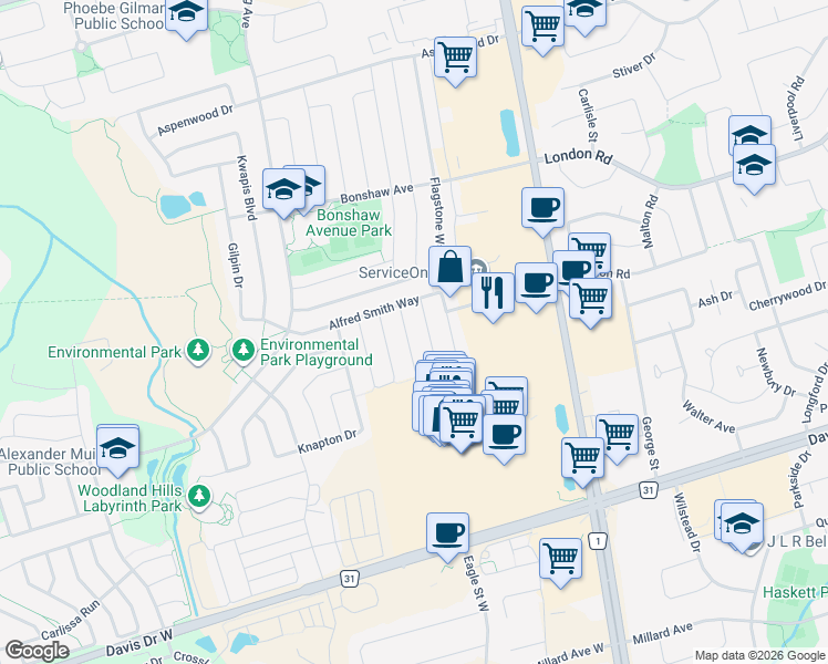 map of restaurants, bars, coffee shops, grocery stores, and more near 50 Matthew Boyd Crescent in Newmarket