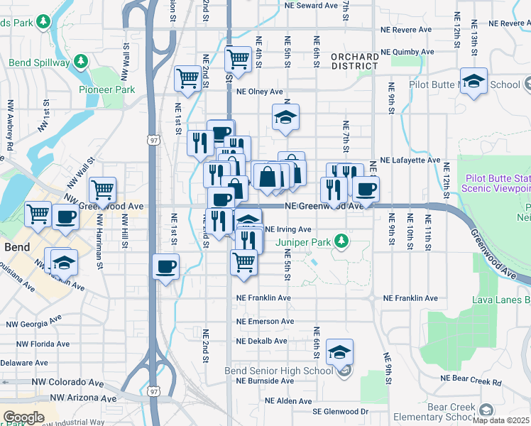 map of restaurants, bars, coffee shops, grocery stores, and more near 409 Northeast Greenwood Avenue in Bend
