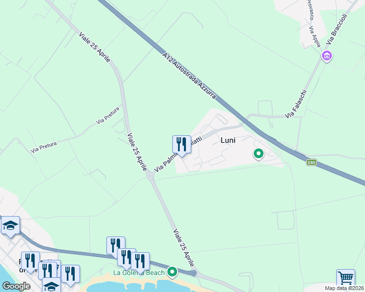 map of restaurants, bars, coffee shops, grocery stores, and more near 16 Via Palmiro Togliatti in Luni Mare